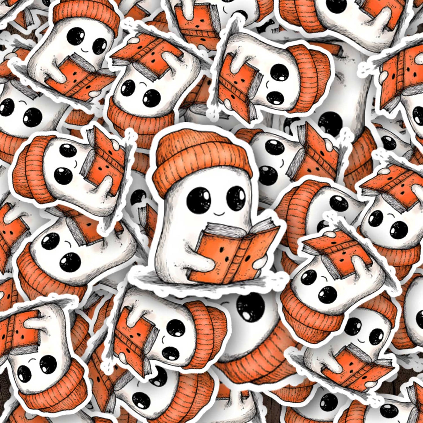 Verschillende stickers van een wit spookje dat een oranje boek leest en een oranje muts draagt.