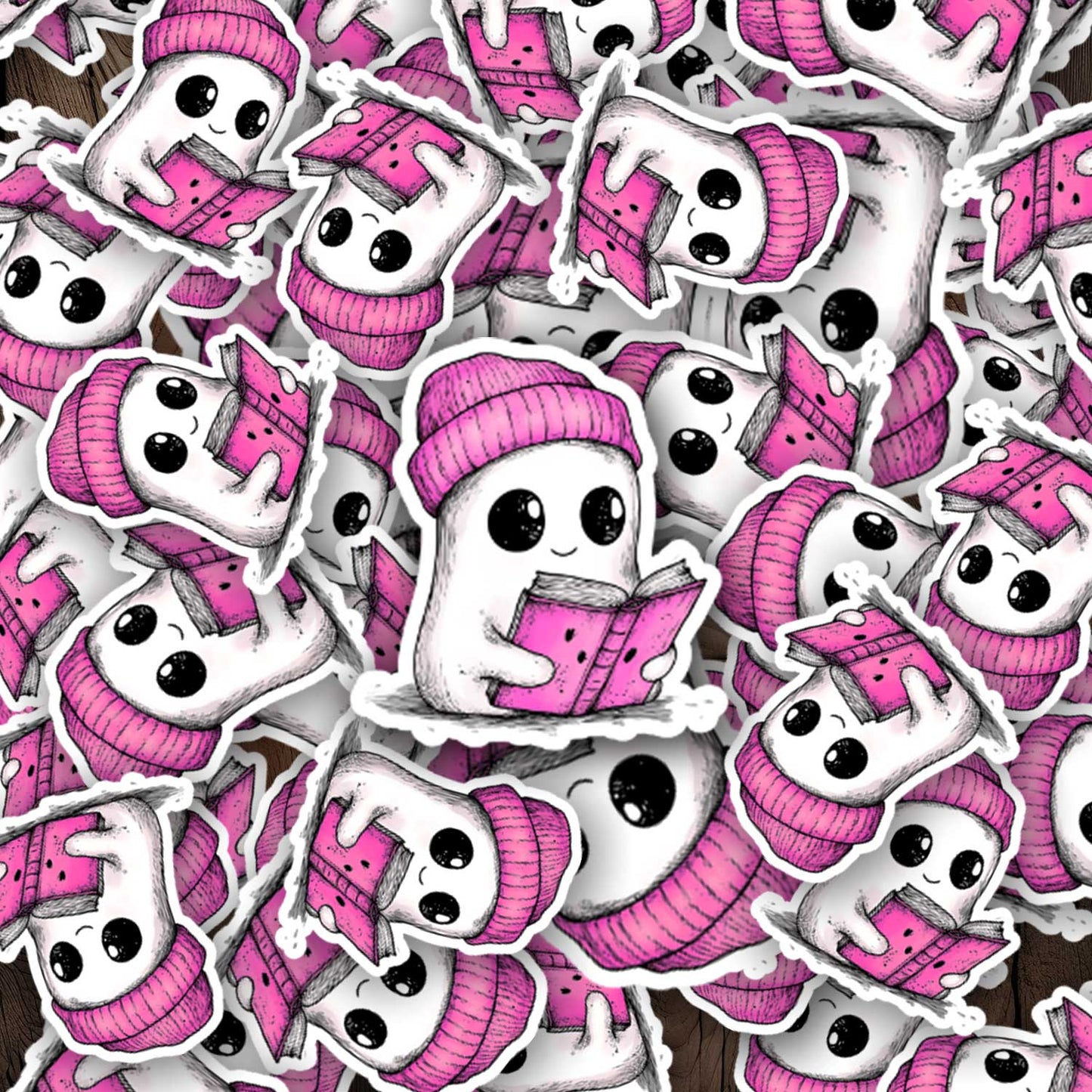 Verschillende stickers van een wit spookje met roze muts en roze boek, gedrukt op gelamineerd stickerpapier.
