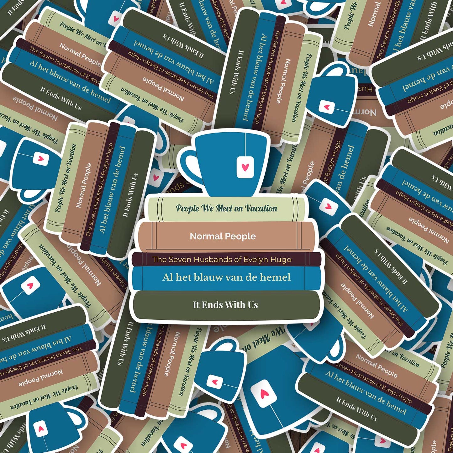 Illustratie-stickers met een stapel boeken en een blauw theekopje erbovenop. De boeken dragen titels als 'Normal People', 'The Seven Husbands of Evelyn Hugo', 'Al het blauw van de hemel', en meer. De stickers liggen speels verspreid over elkaar.