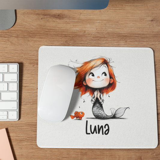 Gepersonaliseerde witte muismat met een schattige zeemeermin met oranje haar, een klein visje en de naam Luna op een houten bureau naast een computermuis.