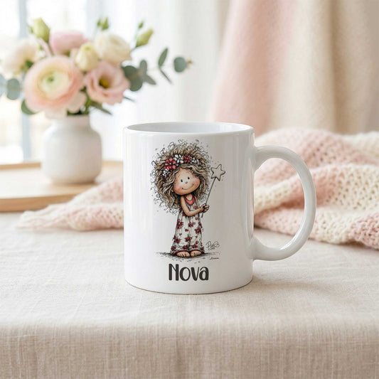 Witte mok met fee-illustratie en naam Nova op een lichte tafel naast een zachtroze gebreide deken en een vaas met bloemen.