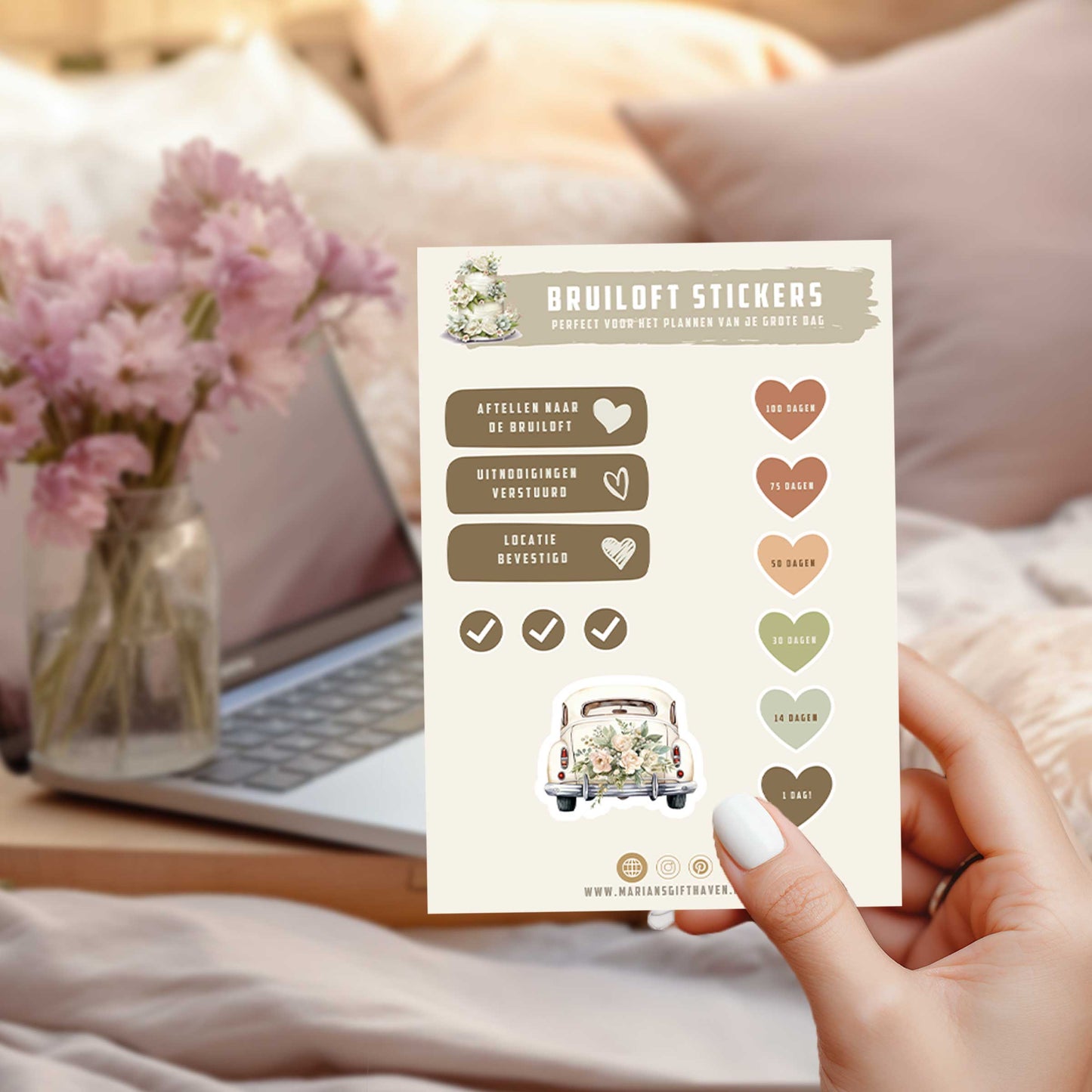Stickerpagina om af te tellen tot de bruiloft met hartvormige datumstickers