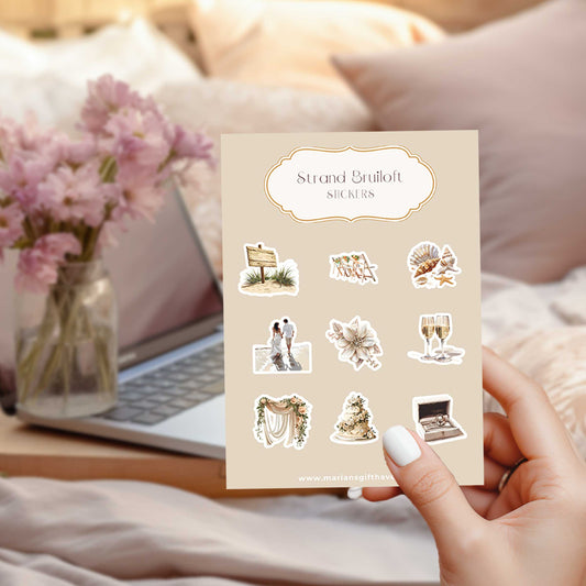 Stickervel met 9 strand bruiloft stickers in romantische stijl