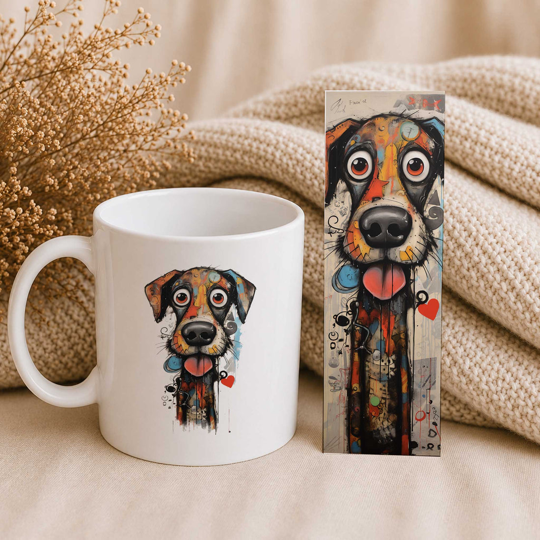 Witte Artsy Honden-mok en bijpassende boekenlegger met kleurrijke hondenillustratie, samen gefotografeerd in een beige sfeer.