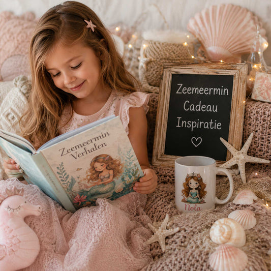 Meisje leest een zeemeerminboek naast een gepersonaliseerde zeemeerminmok, omringd door schelpen, zeesterren en zachte roze decoratie.