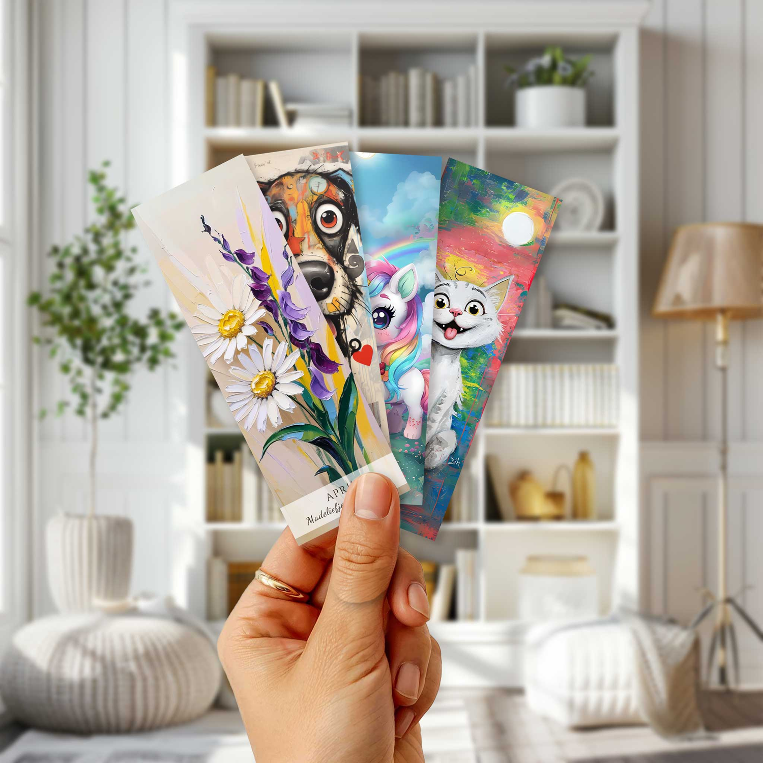 vrouw die 4 boekenleggers vasthoud van Marians Gift Haven, in een witte woonkamer