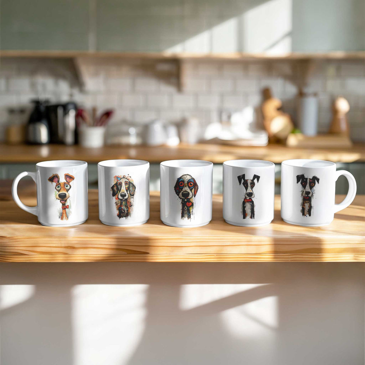 Vijf witte mokken met verschillende kleurrijke hondenillustraties naast elkaar op een houten tafel in een lichte keuken.