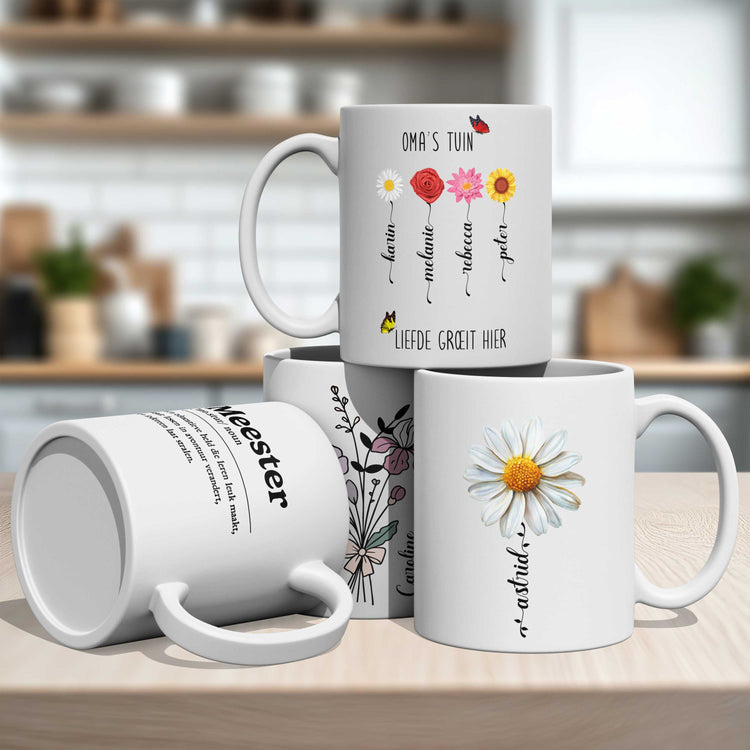 een aantal mokken van Marians Gift Haven op een aanrecht van een keuken