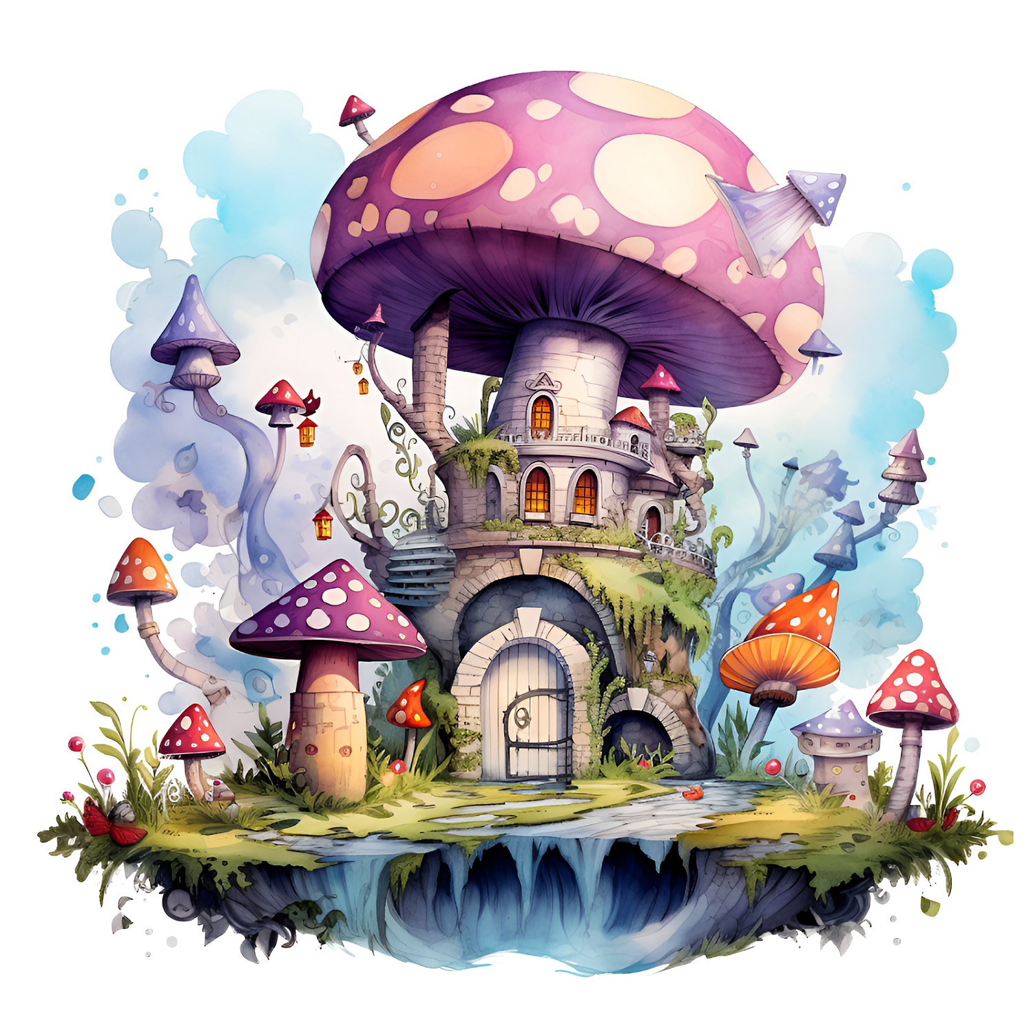 Illustratie van een sprookjesachtig paddenstoelenkasteel met kleurrijke paddenstoelen, kleine huisjes en een magische fantasiewereld.