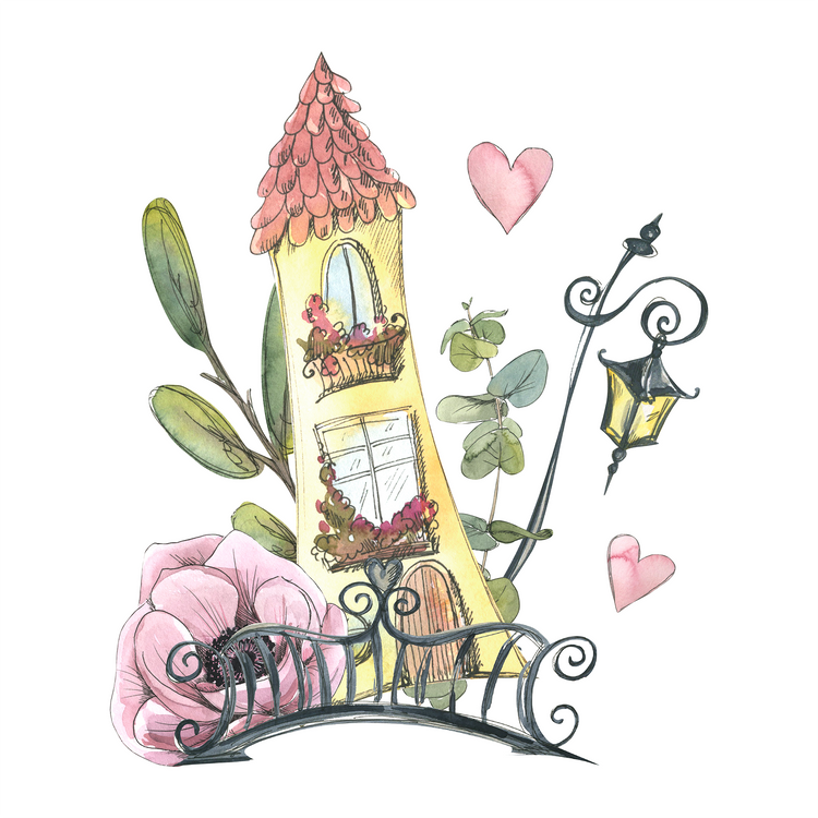 Illustratie van een sprookjesachtig huisje met bloemen, hartjes en een sierlijke lantaarn in zachte pastelkleuren voor de collectie Sprookjes & Fantasie.