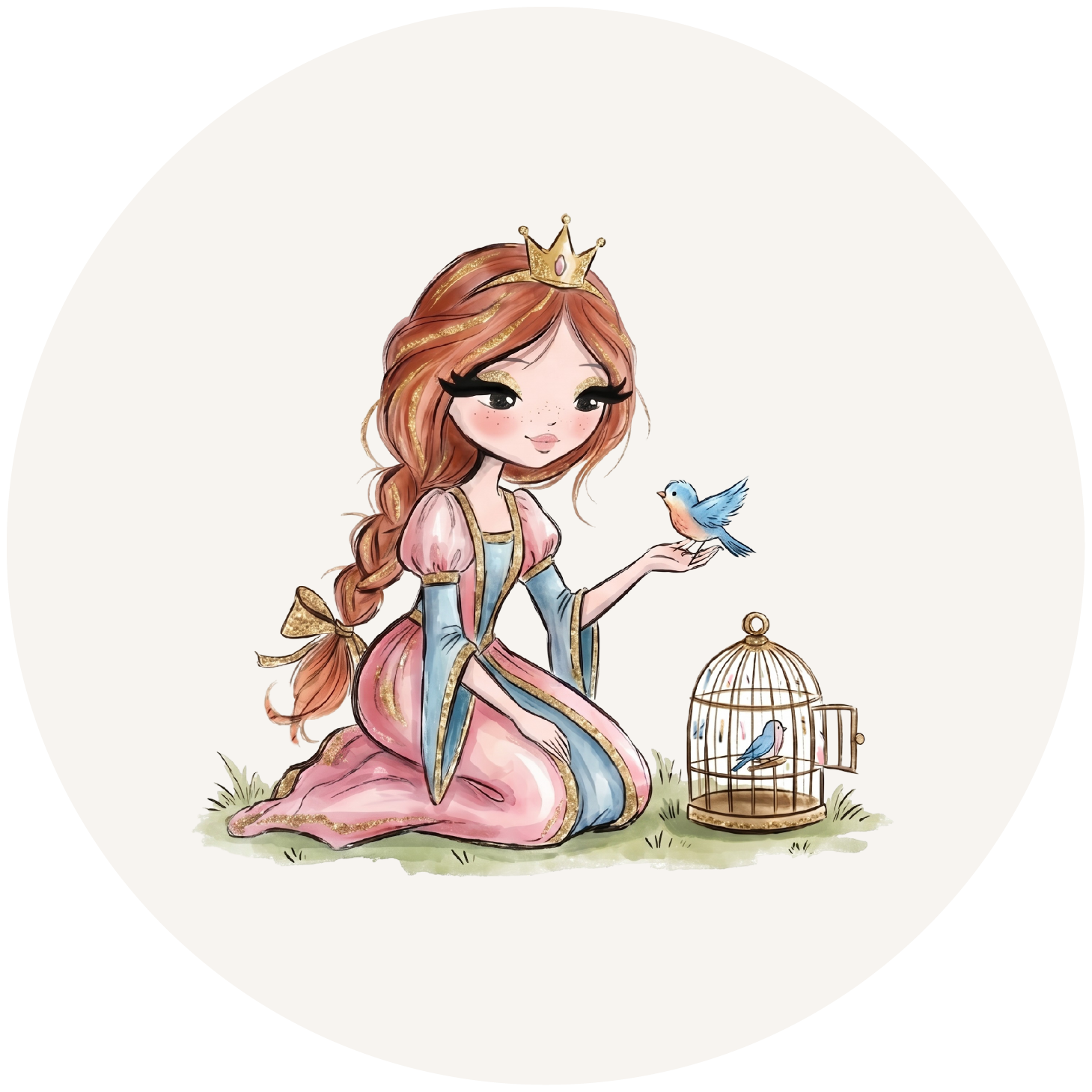 Illustratie van een prinses met gouden kroontje, roze en lichtblauwe jurk en een blauw vogeltje op haar hand naast een vogelkooi op een beige achtergrond.
