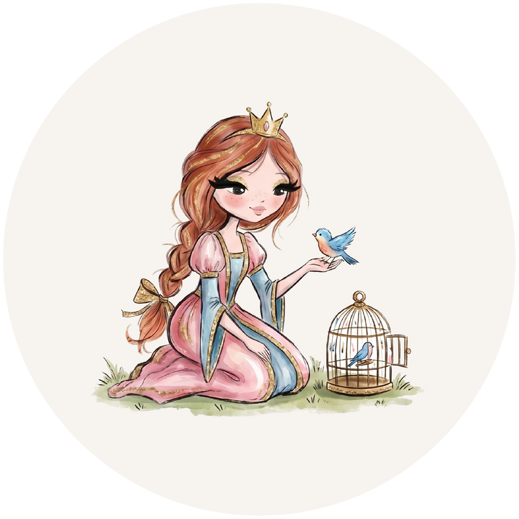 Illustratie van een prinses met gouden kroontje, roze en lichtblauwe jurk en een blauw vogeltje op haar hand naast een vogelkooi op een beige achtergrond.