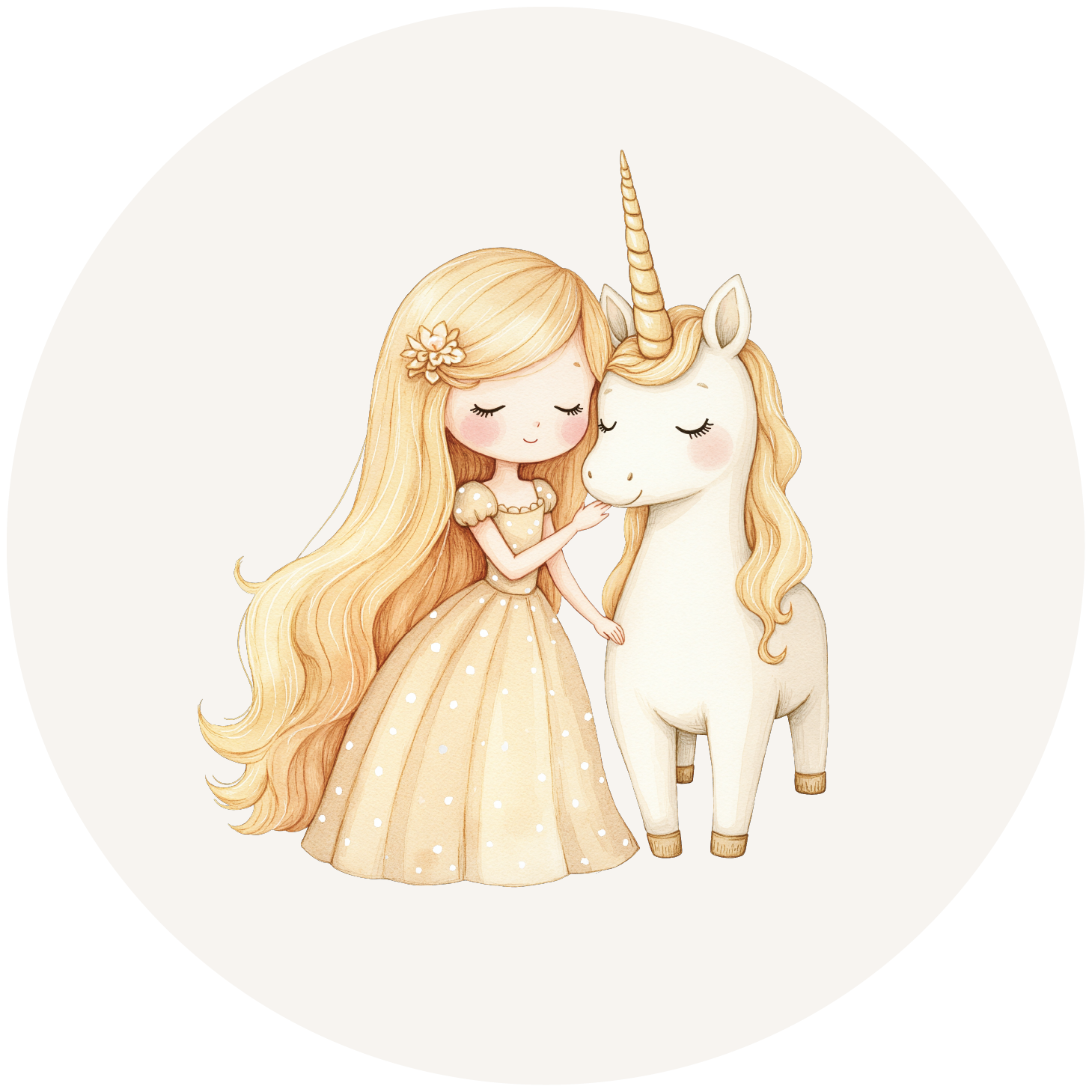 Blond meisje knuffelt een witte unicorn in zachte pastelkleuren