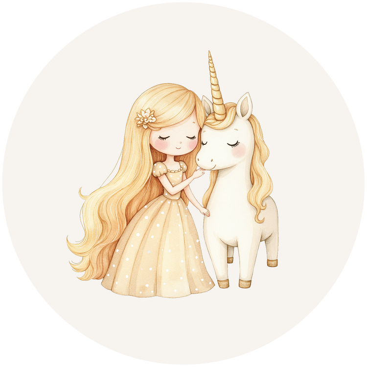 Blond meisje knuffelt een witte unicorn in zachte pastelkleuren