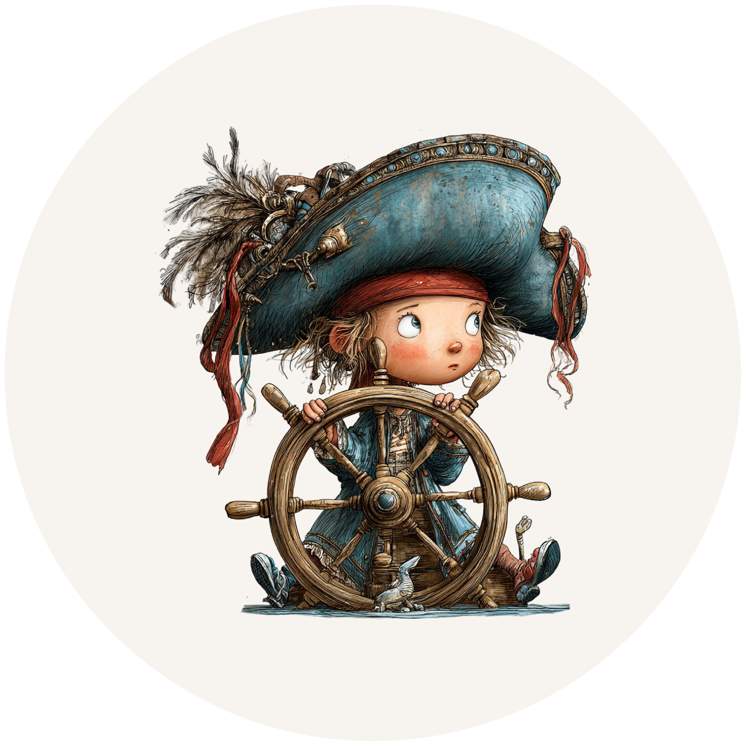 Kind met piratenhoed achter scheepswiel