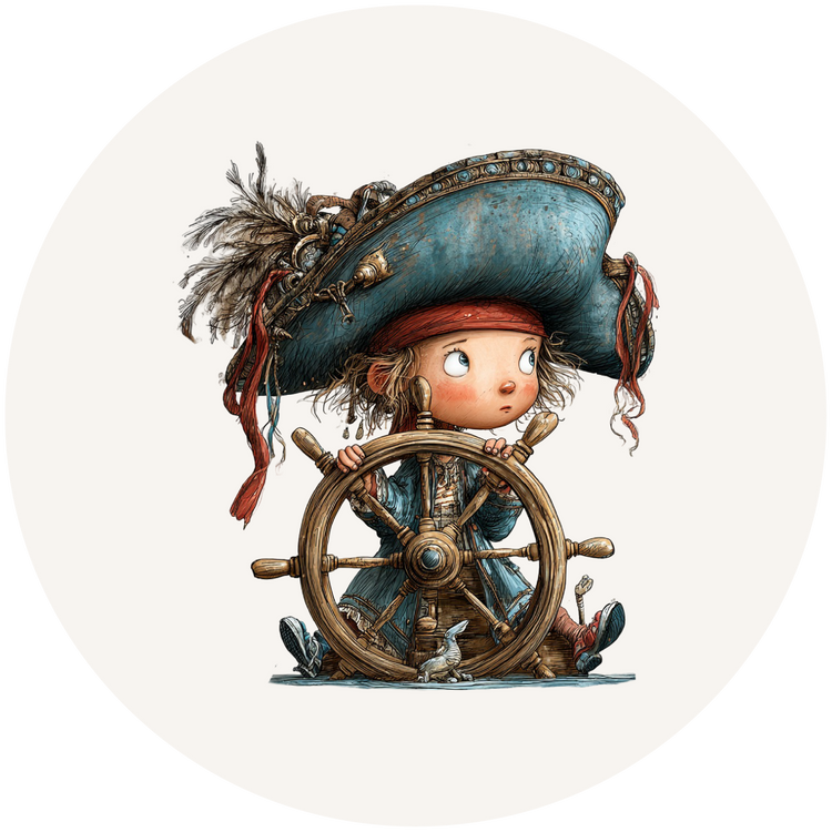 Kind met piratenhoed achter scheepswiel