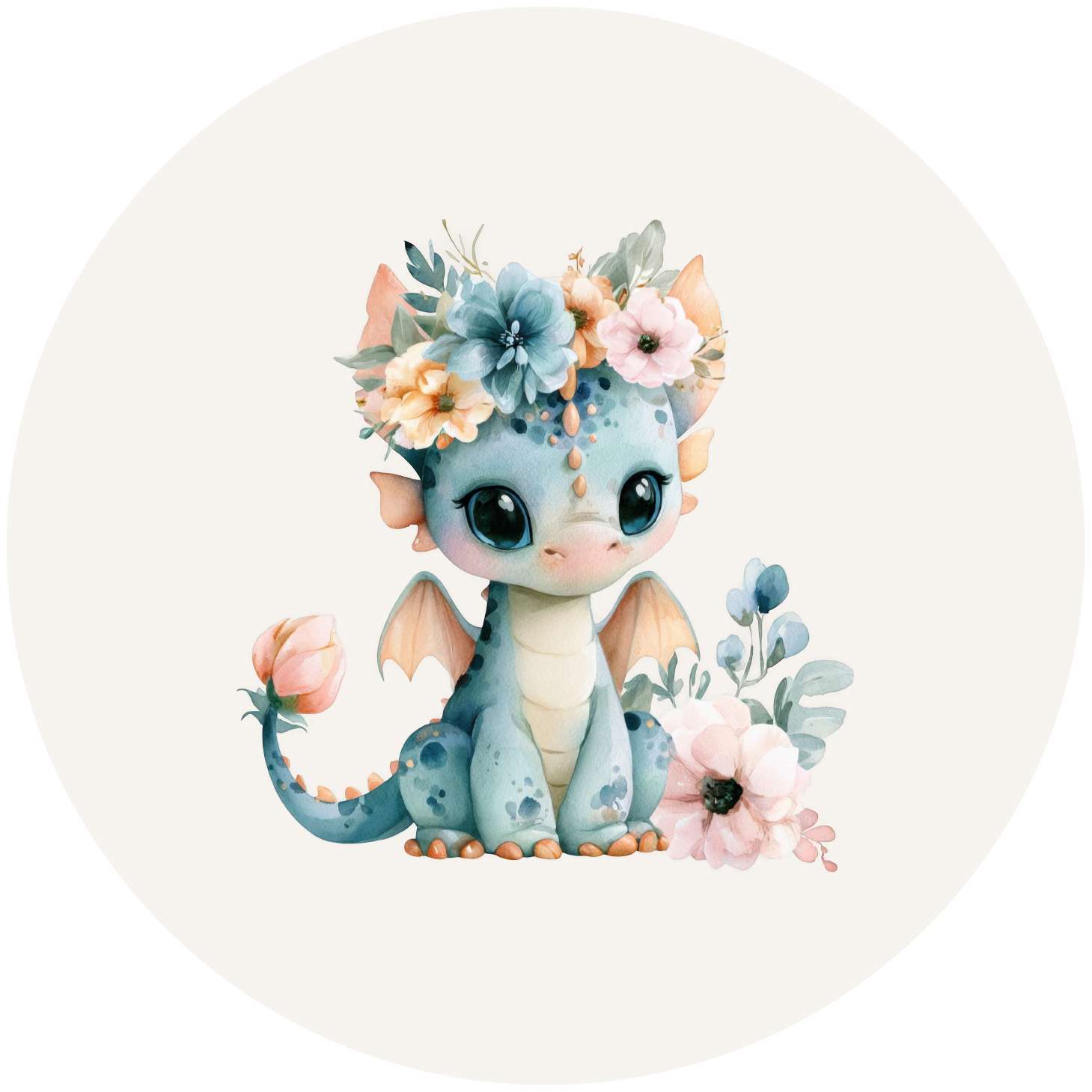 Illustratie van een schattig lichtblauw draakje met grote donkere ogen, kleine vleugels en een bloemenkrans van blauwe en zachtroze bloemen op het hoofd. Het draakje zit tussen pastelbloemen en groene blaadjes op een zachte beige achtergrond.