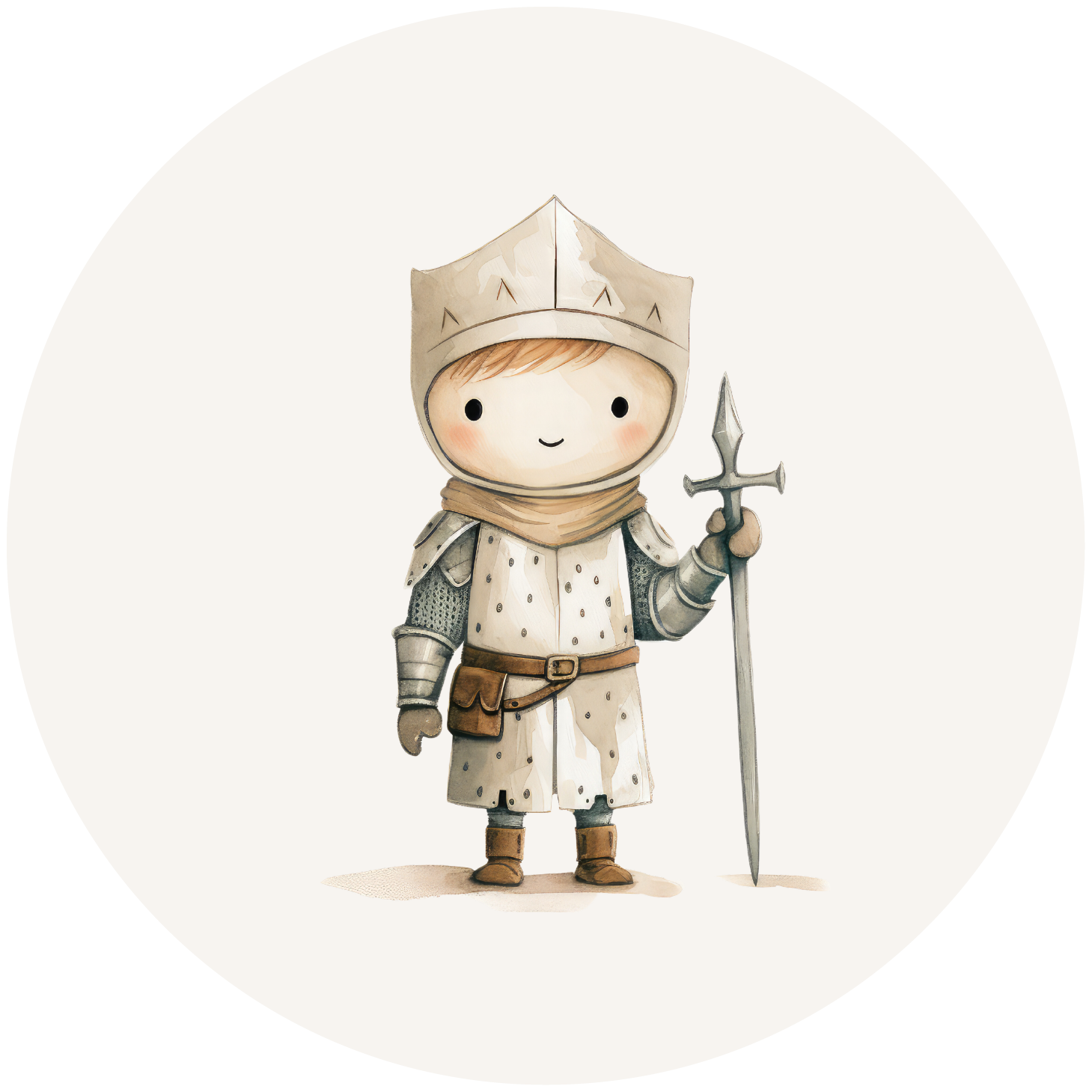 Illustratie van een jonge ridder met kroonhelm, witte harnas, lans en vriendelijke glimlach op een lichte achtergrond.