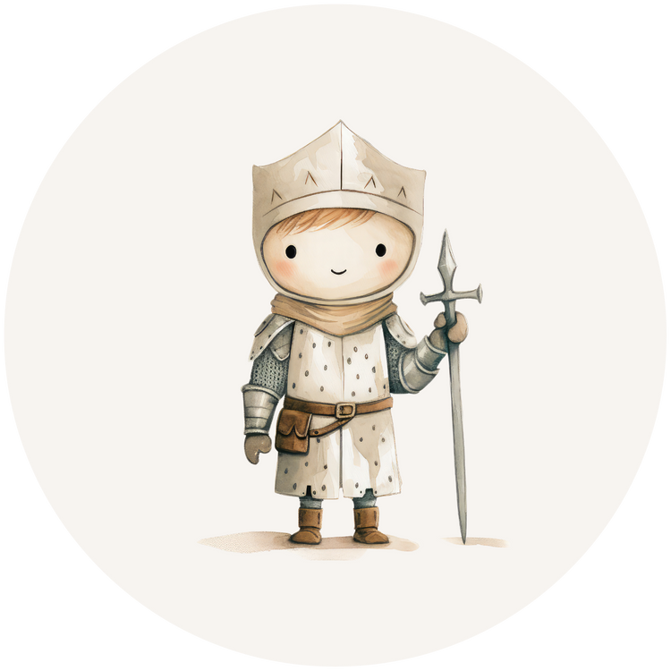 Illustratie van een jonge ridder met kroonhelm, witte harnas, lans en vriendelijke glimlach op een lichte achtergrond.