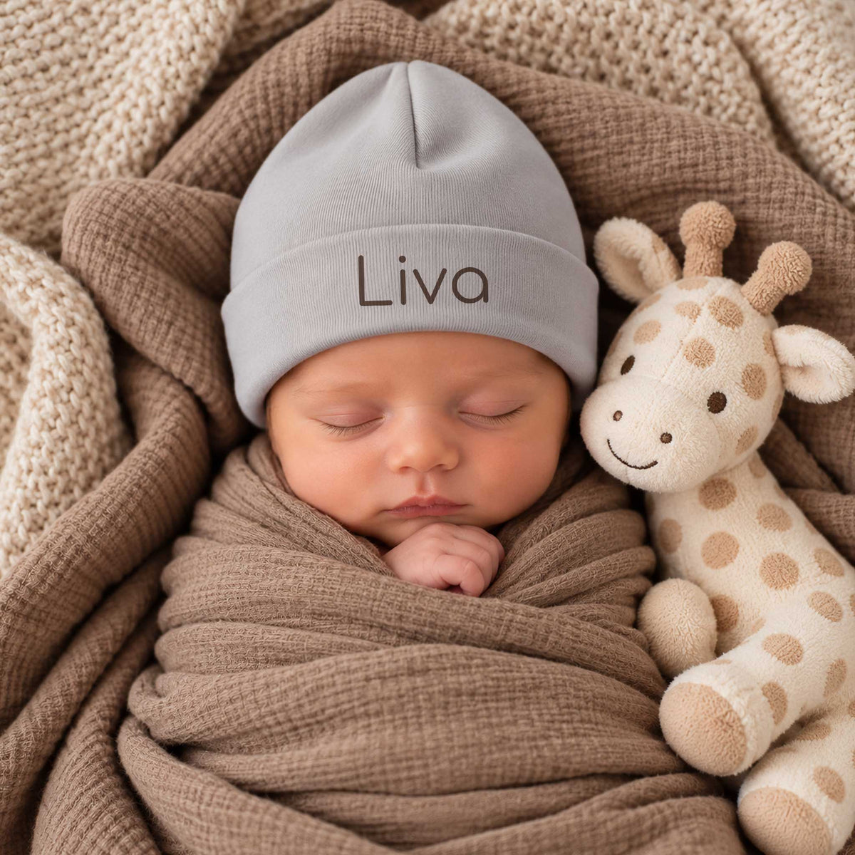 Pasgeboren baby met Sandstone Grey babymutsje, liggend tussen zachte ecru dekens met een girafje ernaast