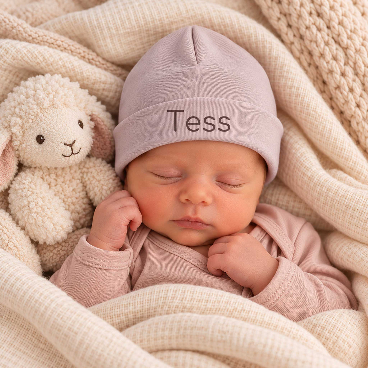 Pasgeboren baby met Pinkstone babymutsje met de naam Tess, liggend tussen zachte ecru dekens met een lammetje ernaast