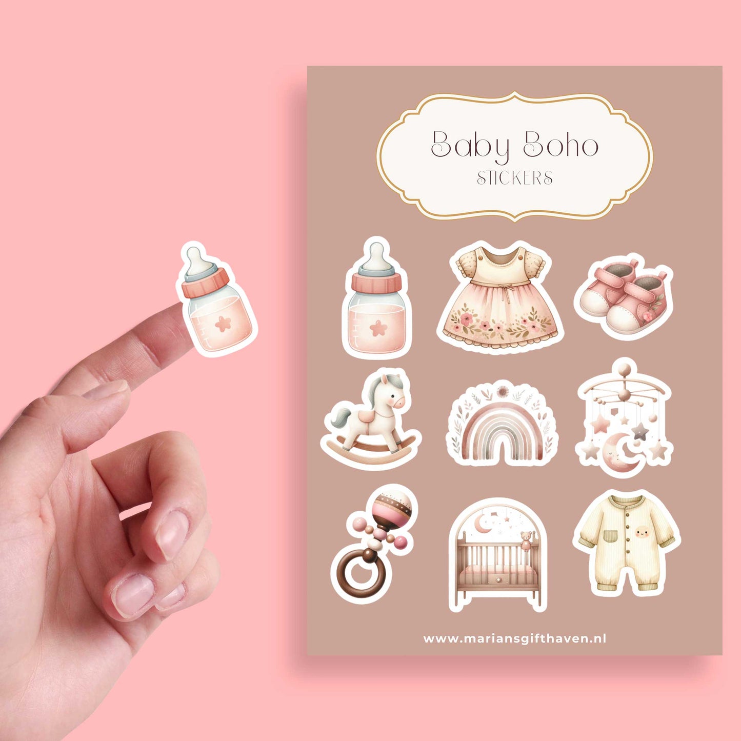Baby boho stickersheet met 9 schattige baby-items, zoals flesje en schoentjes