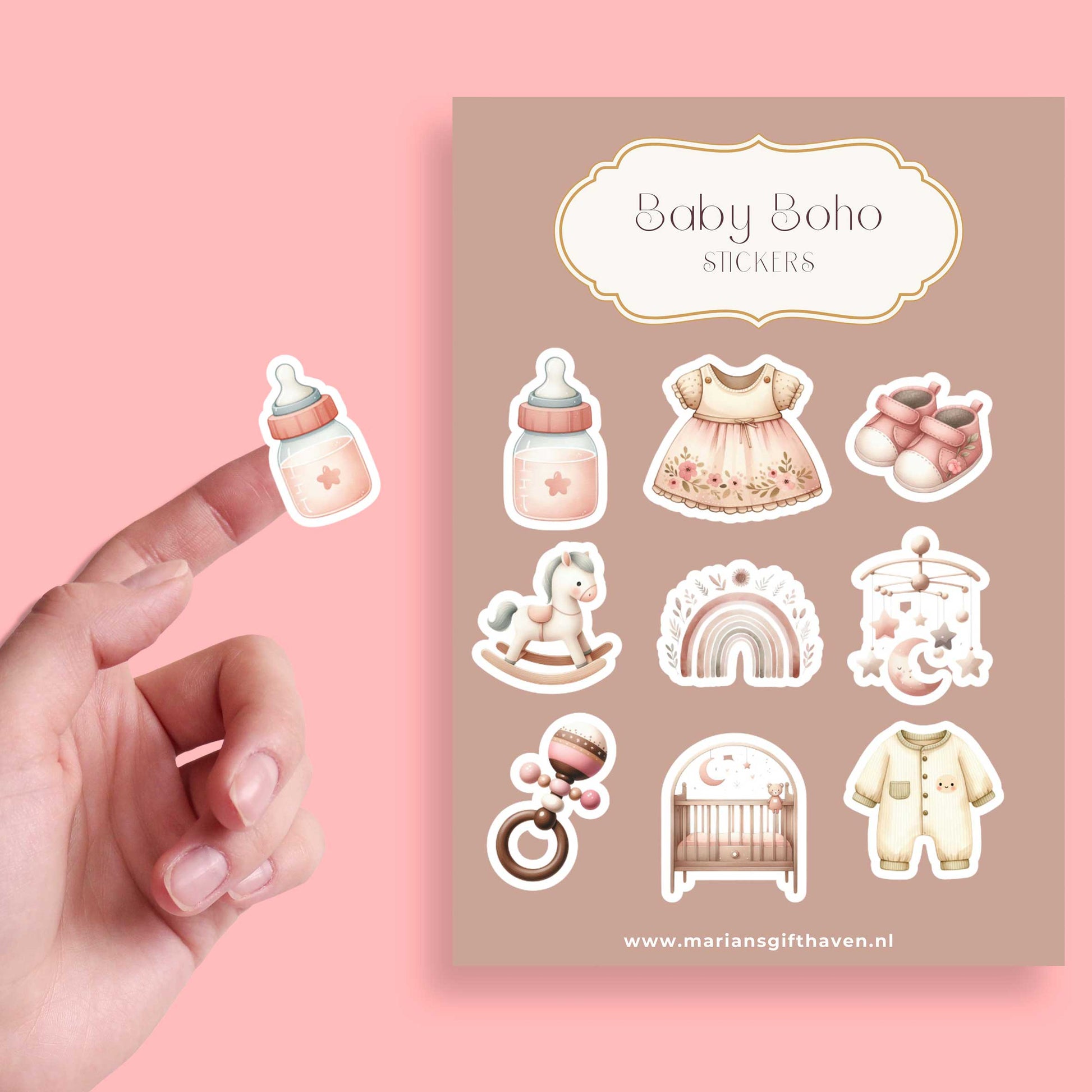 Baby boho stickersheet met 9 schattige baby-items, zoals flesje en schoentjes