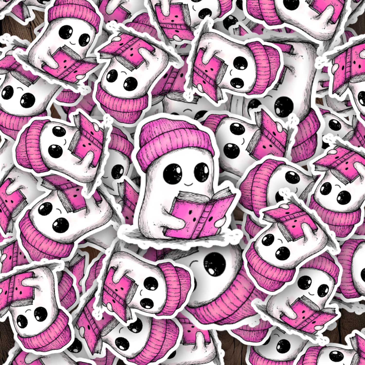 Verschillende stickers van een wit spookje met roze muts en roze boek, gedrukt op gelamineerd stickerpapier.