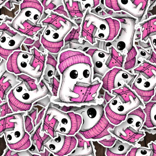 Verschillende stickers van een wit spookje met roze muts en roze boek, gedrukt op gelamineerd stickerpapier.