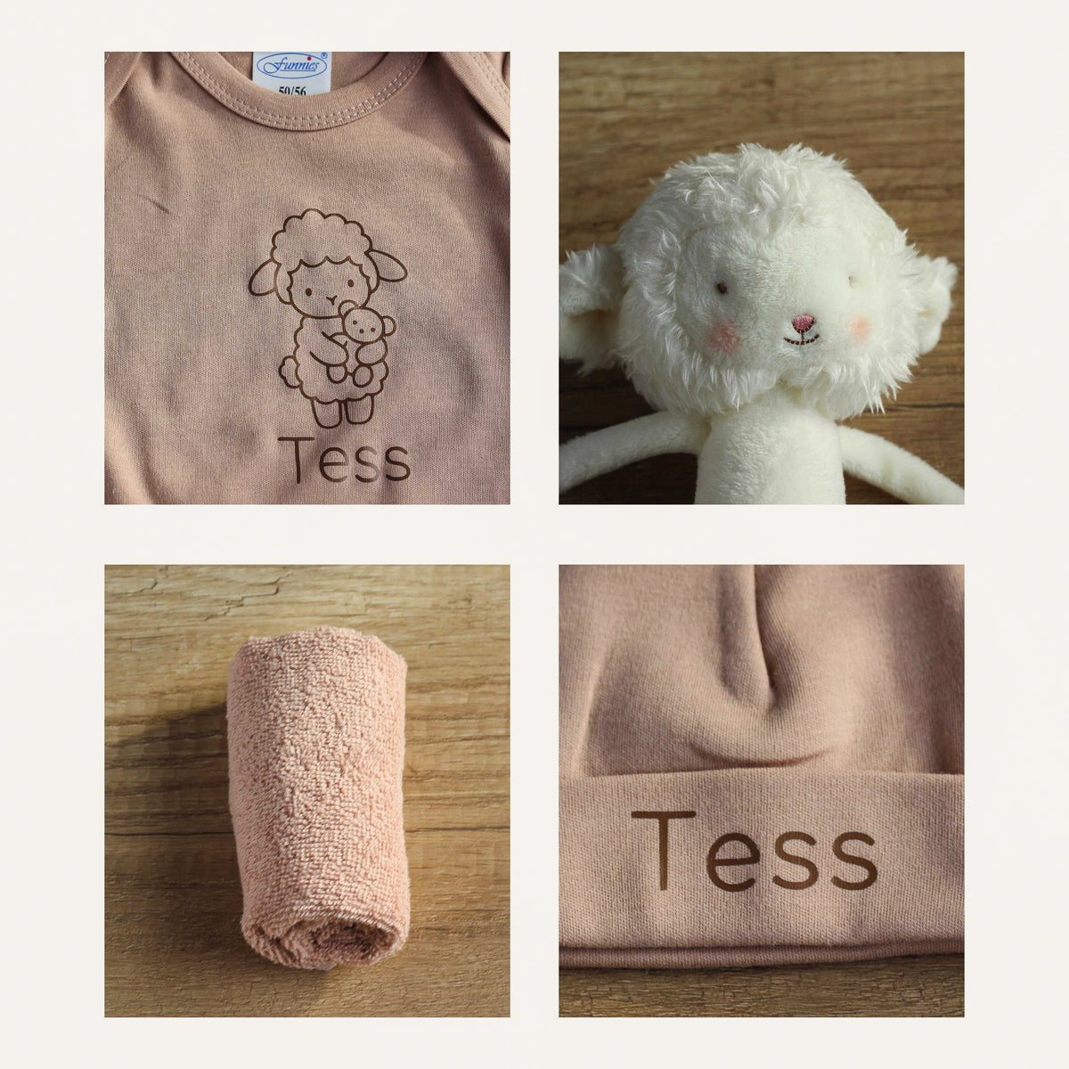 Details van Pinkstone romper, mutsje en spuugdoekje met Bunnies By The Bay lammetje