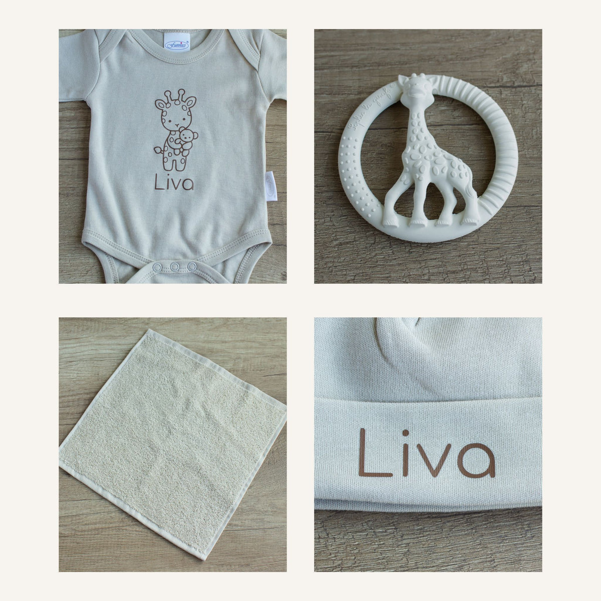 Detailoverzicht van de zandkleurige babycadeauset met vier foto’s: de gepersonaliseerde romper met girafje en naam Liva, de crèmekleurige bijtring in de vorm van een giraf, het ecru spuugdoekje en een close-up van de zandkleurige muts met de naam Liva.