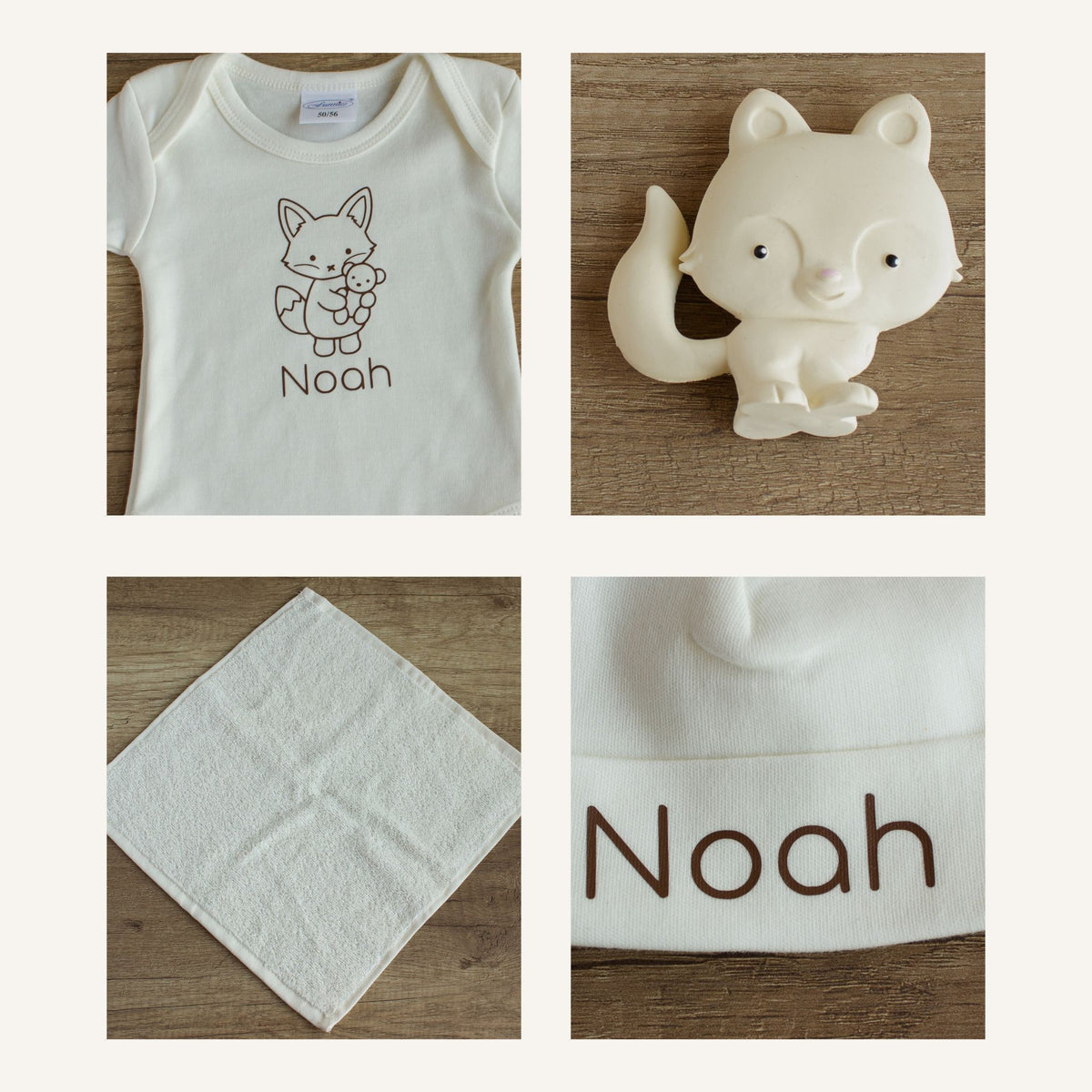 Detailoverzicht van de luxe baby giftbox Vosje in ecru: gepersonaliseerd rompertje met vosillustratie en de naam Noah, crèmekleurig vosje als bijtspeeltje, zacht ecru spuugdoekje en close-up van het mutsje met de naam Noah.
