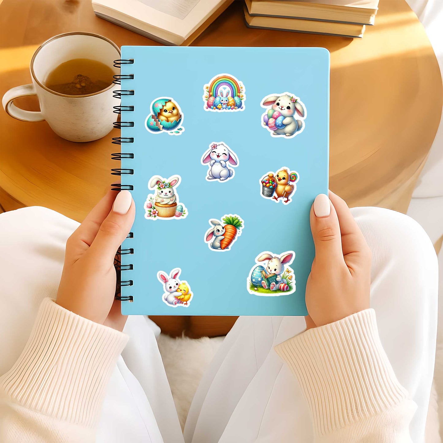Een blauw spiraalnotitieboekje met 9 vrolijke Paasstickers in kawaii-stijl, waaronder een konijntje met een wortel, een kuiken in een gebarsten ei en een konijntje met paaseieren, vastgehouden door iemand met een mok thee op de achtergrond.