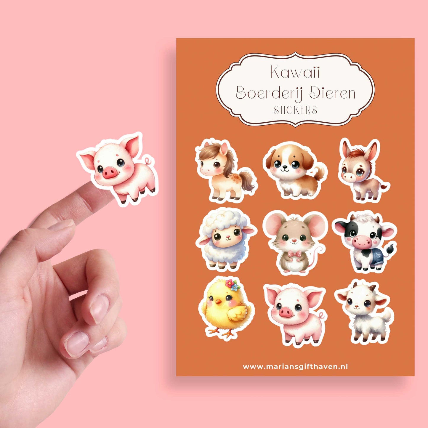 Kawaii sticker van een roze biggetje en bijpassend stickervel met 9 boerderijdieren