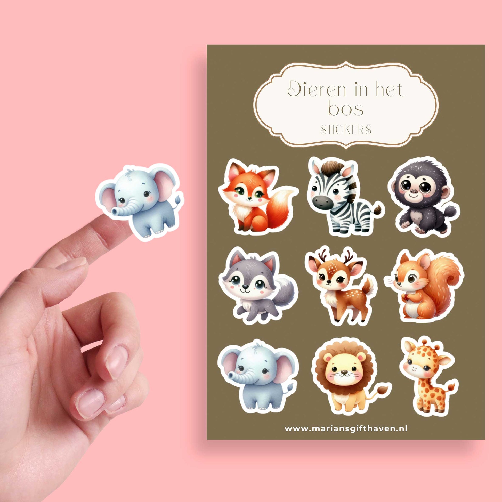Kawaii bosdieren stickersheet met 9 schattige dieren zoals olifantje, vosje en hertje