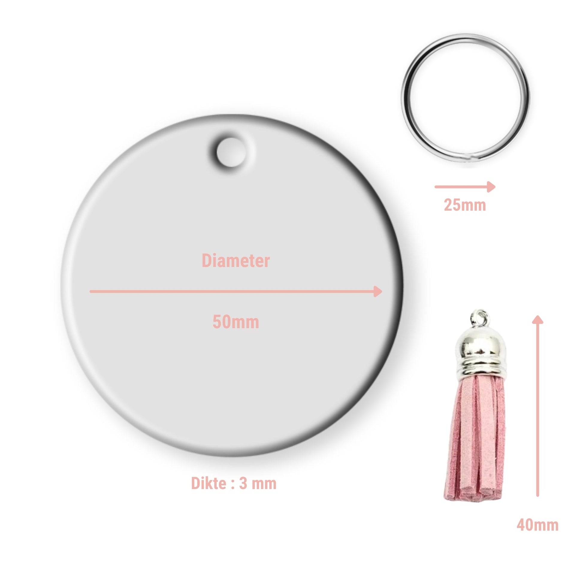 de maten van de ronde sleutelhanger in millimeters