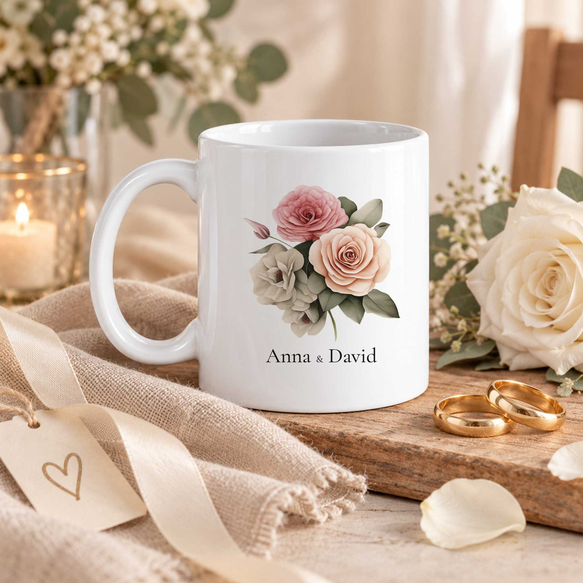 Witte bruiloft mok met roze rozen en gepersonaliseerde namen Anna en David in bruiloftsetting
