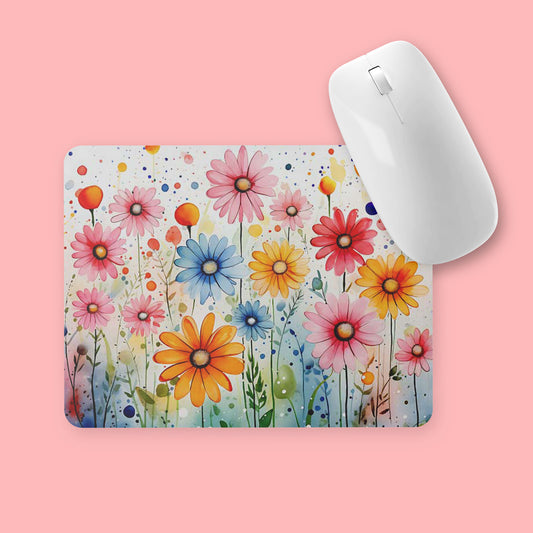 muismat met gekleurde margrietjes ( rood, roze, oranje, blauw) met waterverf effect