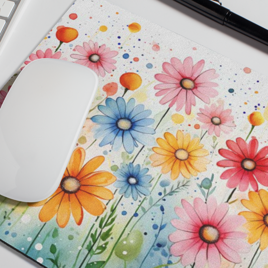 close up  van muismat met gekleurde margrietjes ( rood, roze, oranje, blauw) met waterverf effect