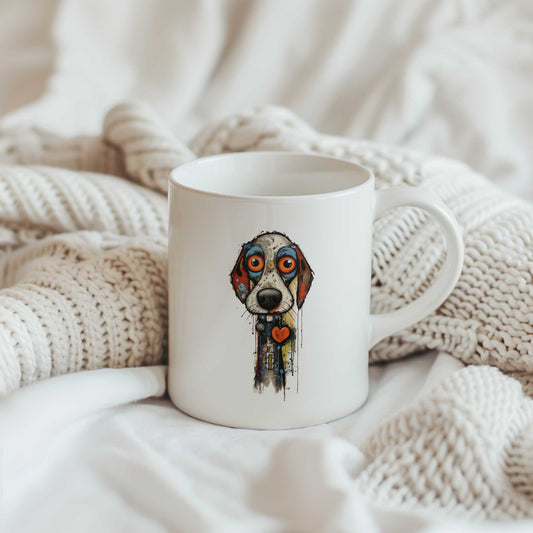 Witte mok tussen crèmekleurige gebreide dekens met kleurrijke hond met grote oranje ogen en rood hartje.