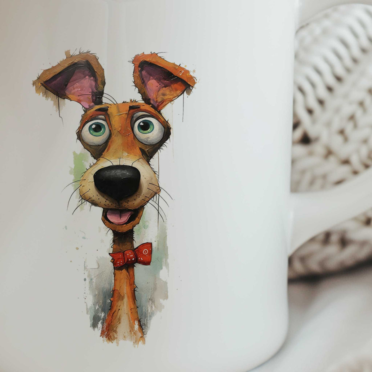 Close-up van een kleurrijke hondenillustratie op een witte mok, met grote groene ogen, zwarte snoet, spitse oren en rode strik.