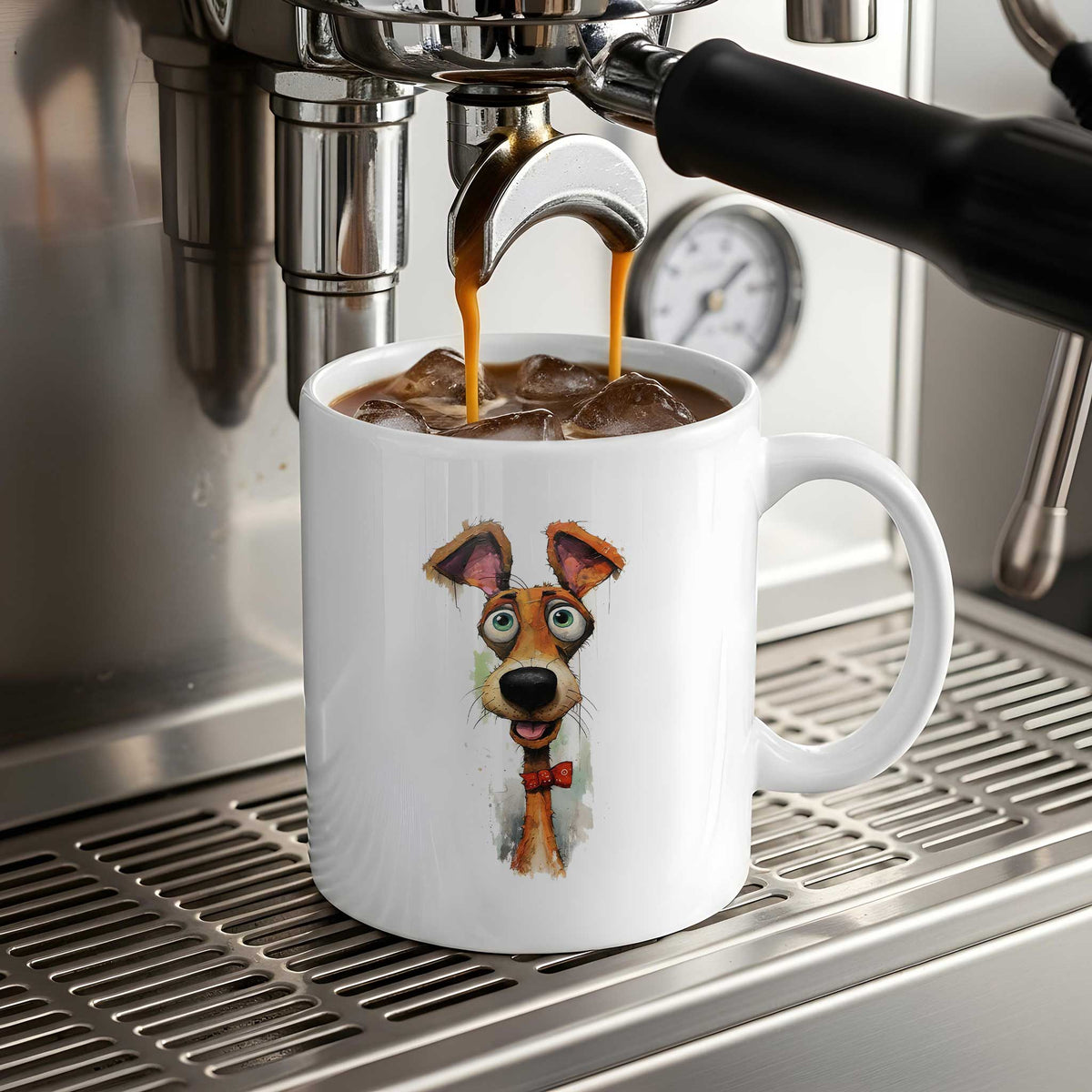 Witte mok onder een koffiezetapparaat met illustratie van een kleurrijke hond met grote groene ogen, spitse oren en rode strik.