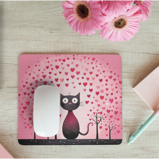 Muismat 22×19 cm met zwarte kat en roze hartjes, witte muis erop, op houten bureau met roze bloemen