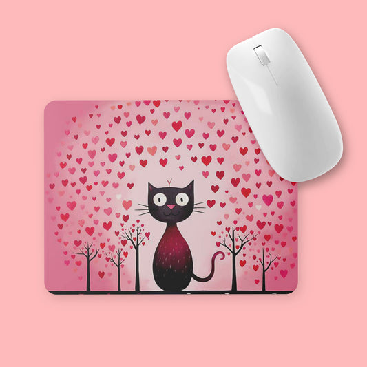 Muismat met zwarte kat en roze hartjes op roze achtergrond, witte muis erop geplaatst.