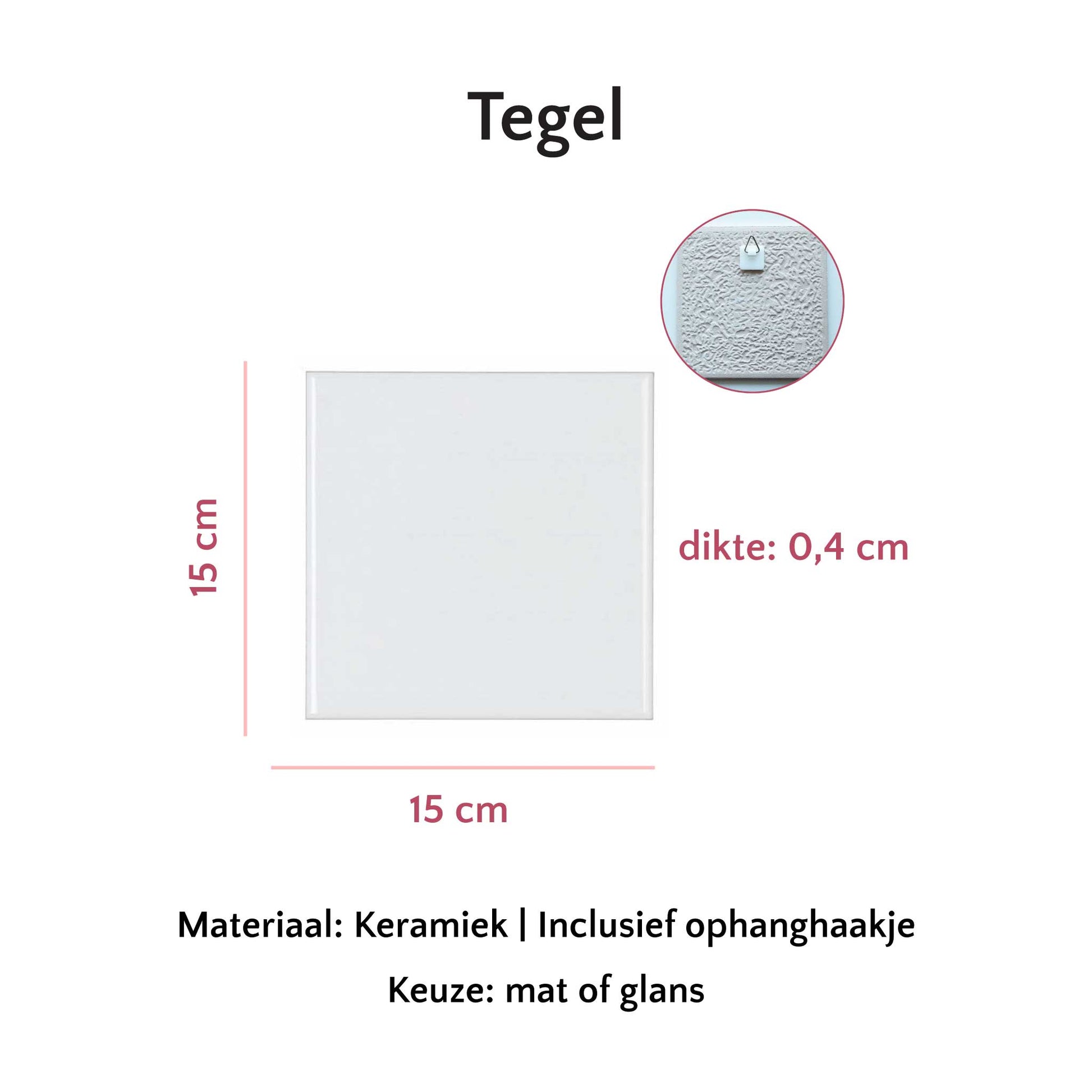 Productinformatie keramisch tegeltje met afmetingen en haakje