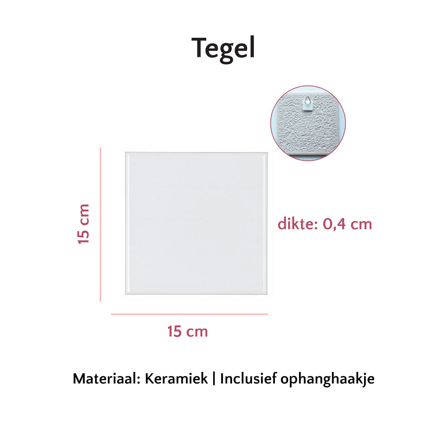 Achterkant van een keramisch tegeltje met metalen ophanghaakje bevestigd, geschikt om aan de muur te hangen