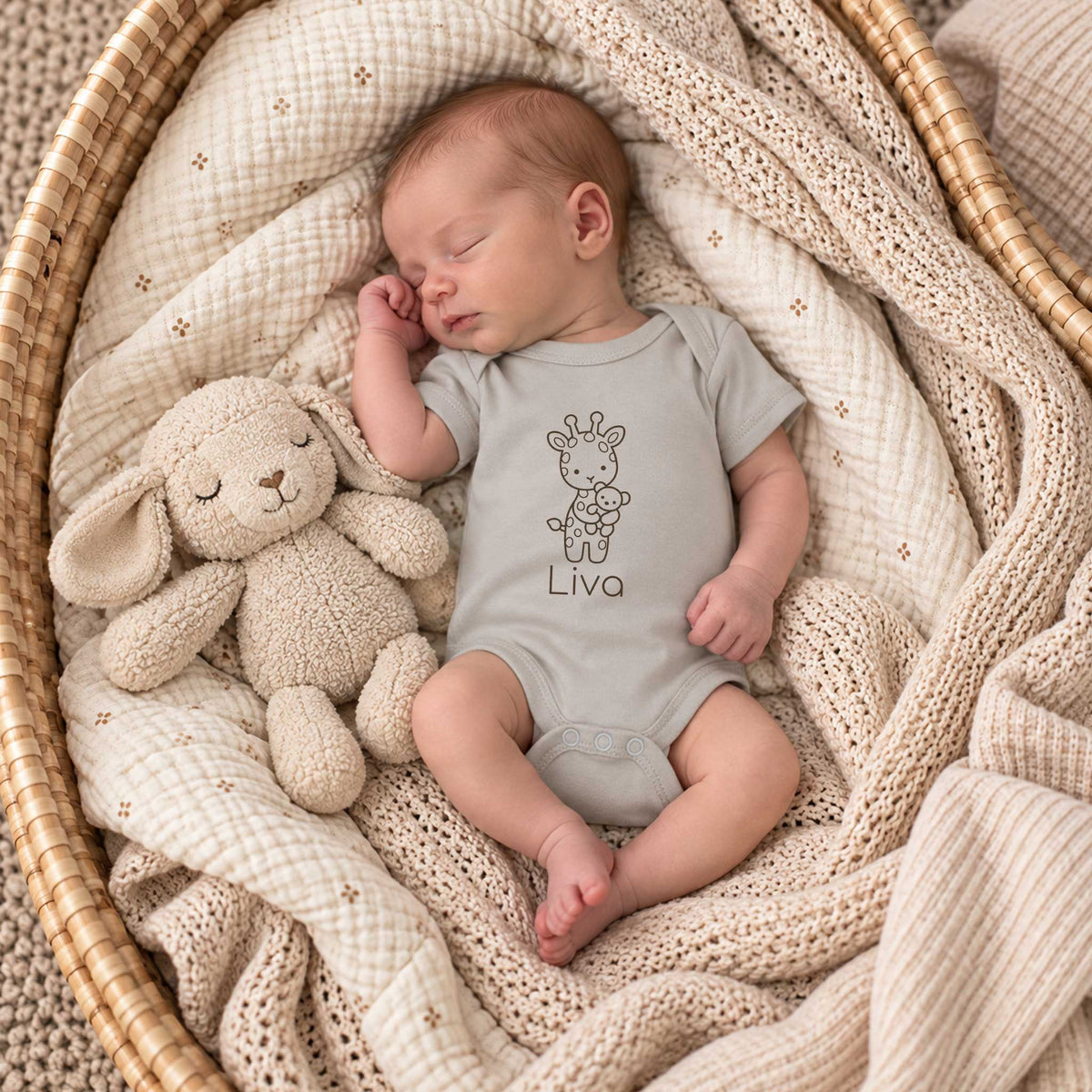 Pasgeboren baby in een mandje met Sandstone Grey romper met giraf en gepersonaliseerde naam, tussen zachte beige dekens