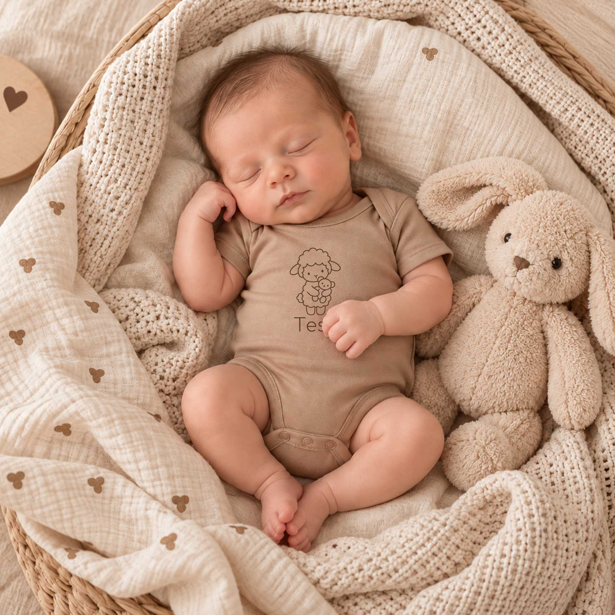 Pasgeboren baby in Pinkstone romper met lammetje en gepersonaliseerde naam, liggend tussen zachte beige dekens en een knuffel