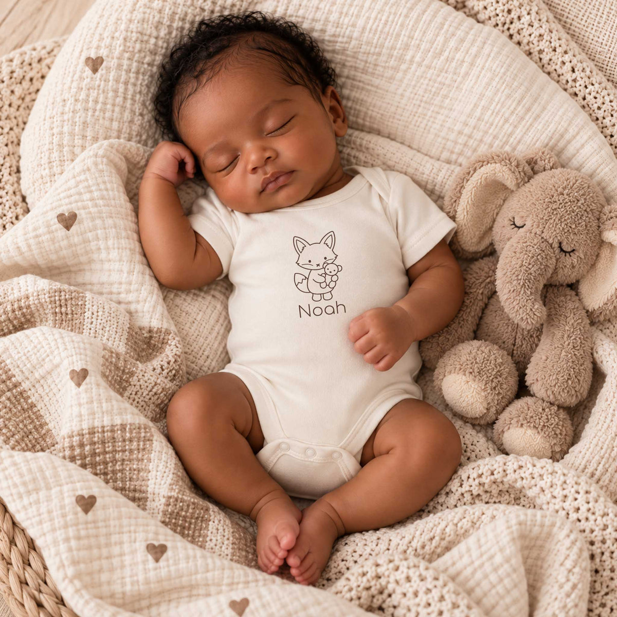 Pasgeboren baby in Ecru romper met vosje en gepersonaliseerde naam, liggend tussen zachte beige dekens en een knuffel