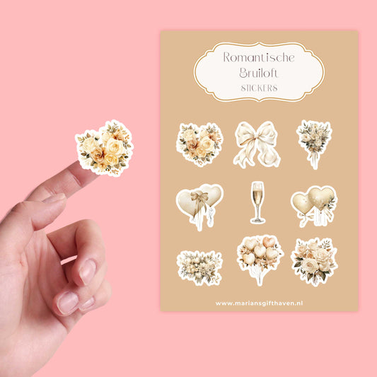 Romantische bruiloft sticker met bloemenmotief op vingertop